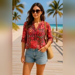 Boho Tunic Top Colorful Geometric Print 3/4 Sleeve Pink Green Women